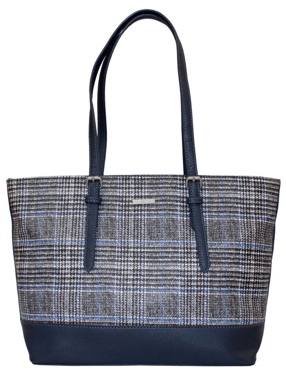 Plaid Navy Tote with Navy faux Leather Trim